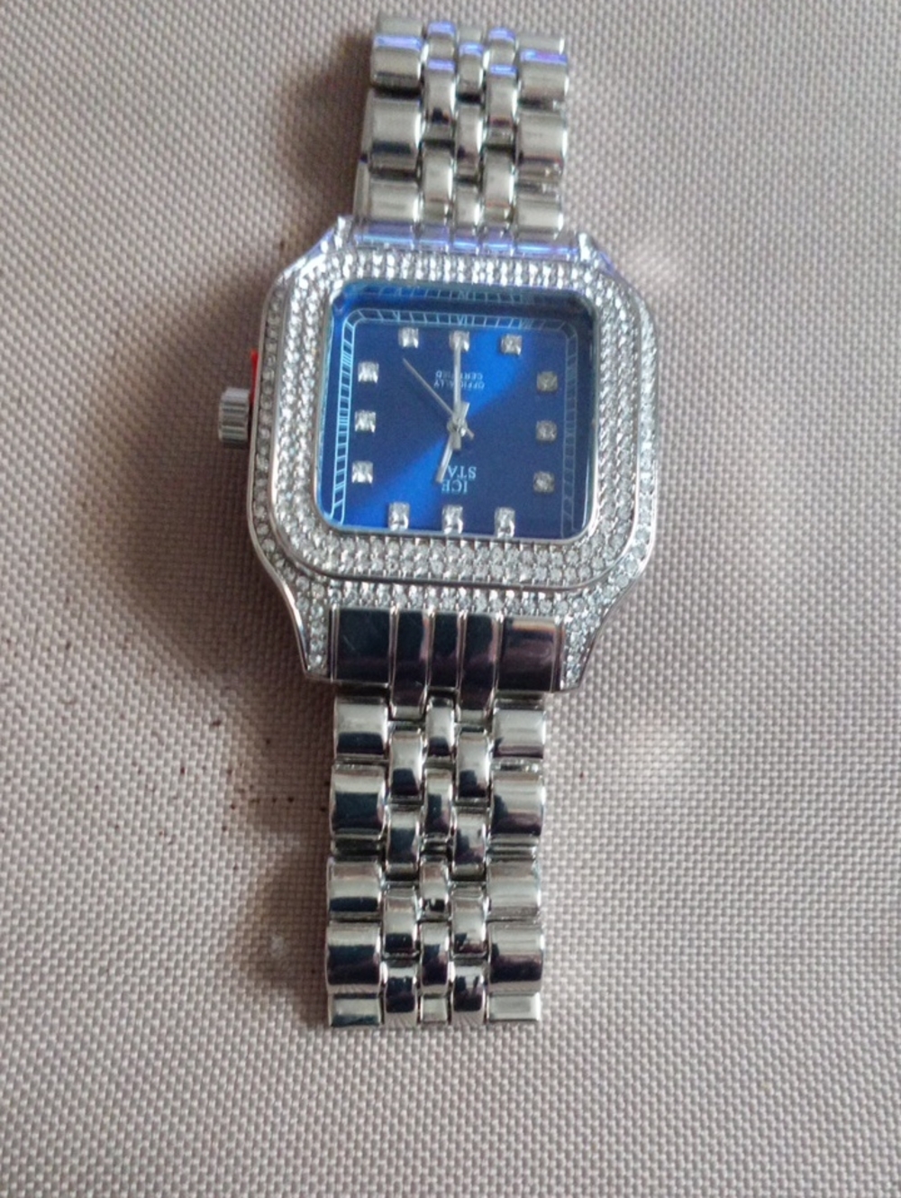Men's Silver Tone Watch with Blue Dial and Crystal Accents